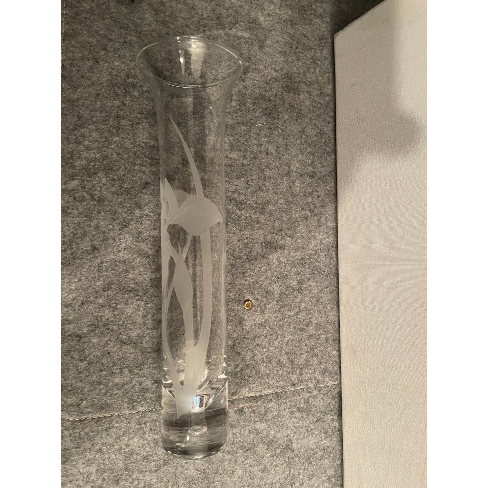 Beautiful Blown Glass Etched Iris 10 inch Vase with Bubble drop in Bottom  #920